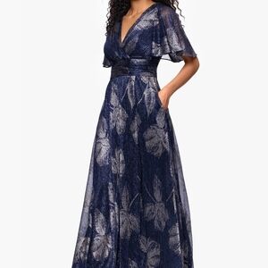Betsy & Adam Navy and Silver Leaf Maxi Dress